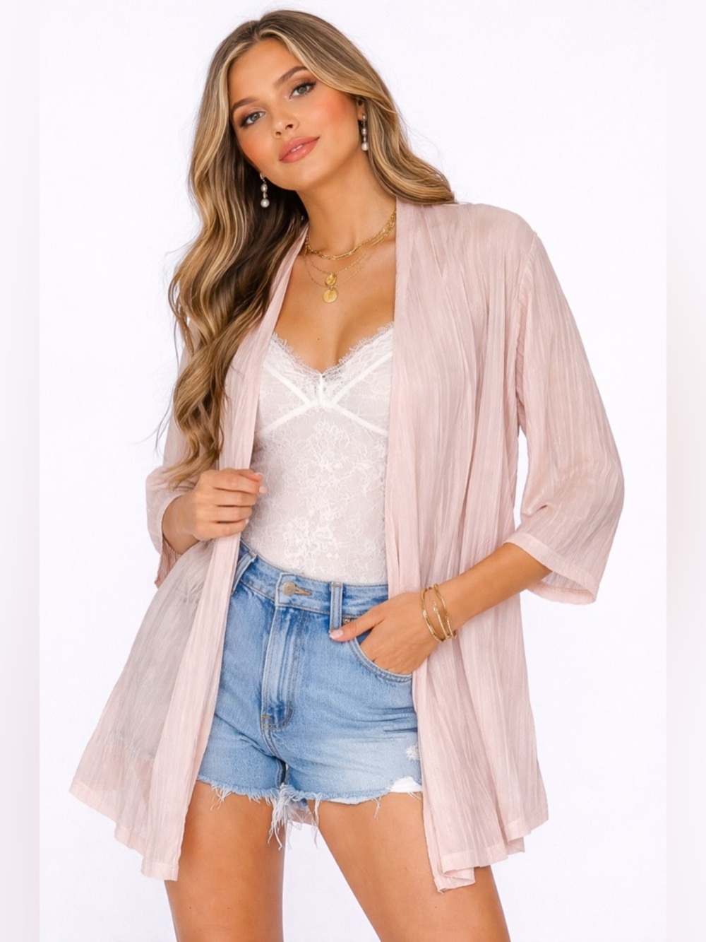 Vintage Romantic Sheer Cottagecore Pink Silk Open Front Kimono Robe – Blush M